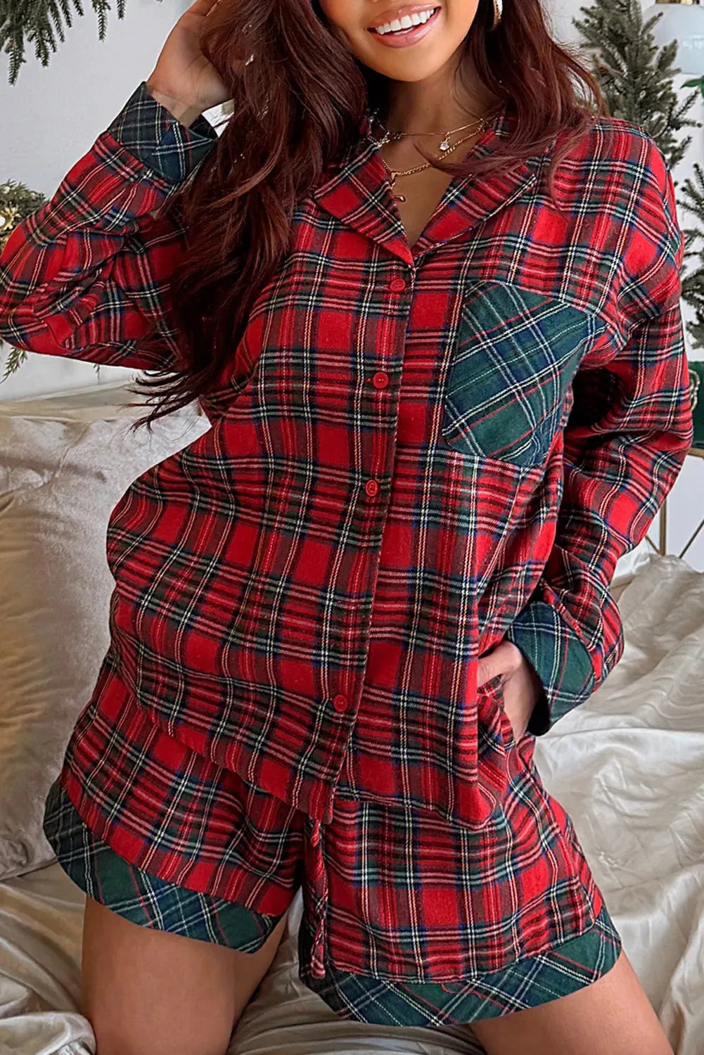 Red plaid contrast patched Christmas pajama set with long sleeve shirt and matching shorts