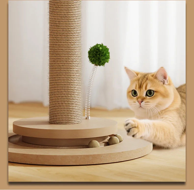 Vertical cat climbing frame with natural hemp rope and cannabeveled scratching posts.