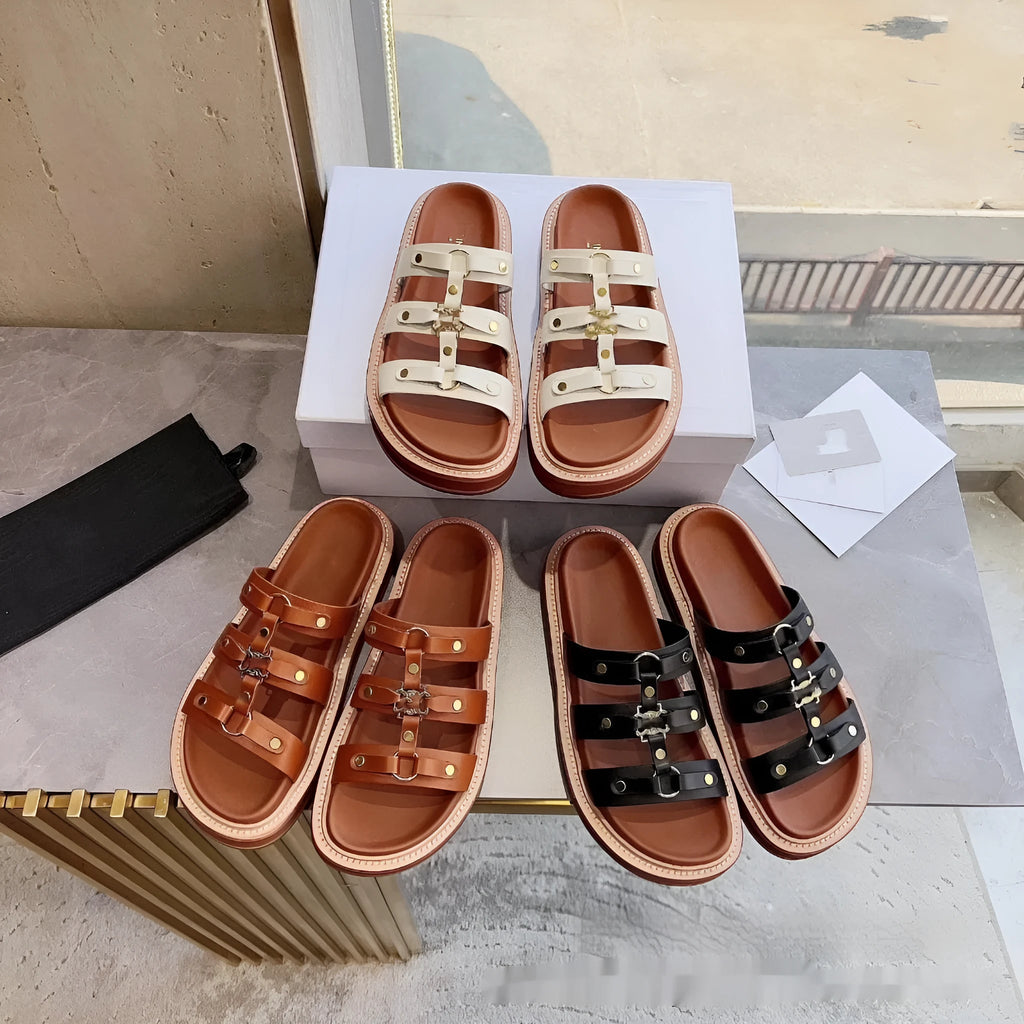 Women's white retro Roman-style sandal slippers with patent leather straps and sheepskin lining.