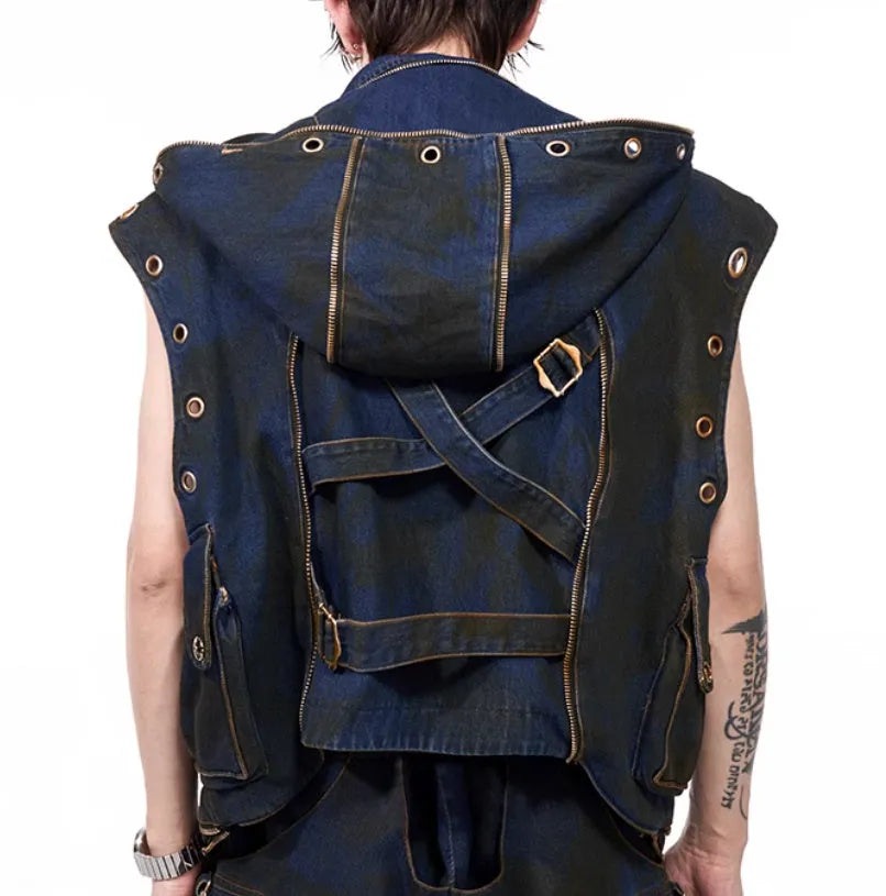 Blue hooded denim vest coat with matching trousers men's casual outfit set Korean style