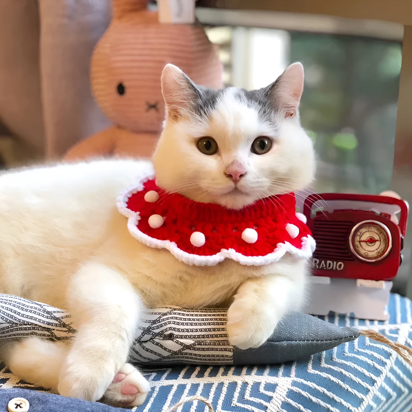 Soft milk cotton knitted collar for small pets with a cartoon pattern, shown in multiple sizes.
