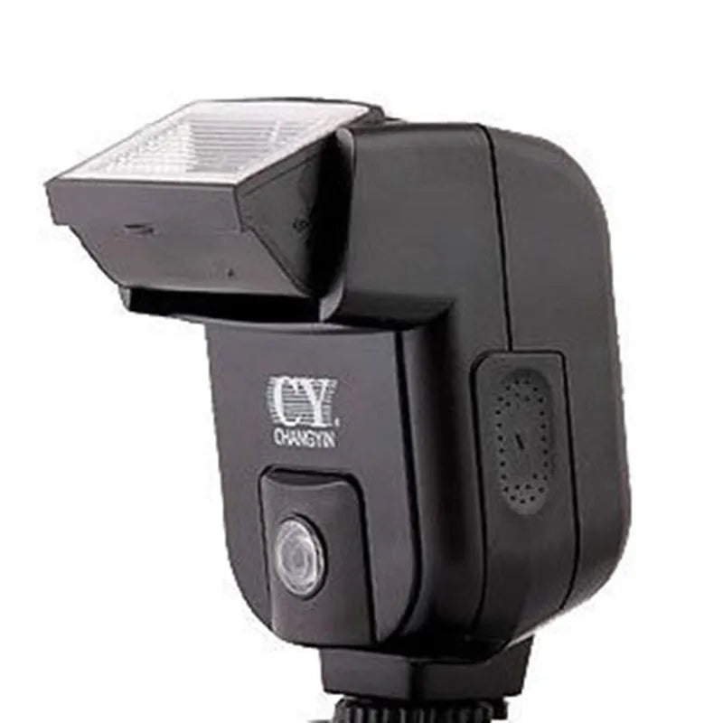 SLR camera flash accessory with upward tilt feature showing compact design and hot shoe mount