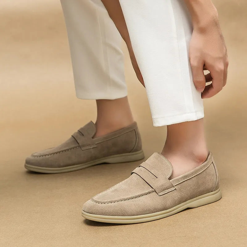 Men's beige leather slip-on casual shoes with round toe and rubber sole
