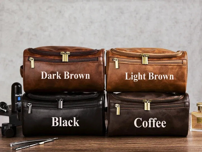 Men's black PU travel bag with a separate makeup pouch included