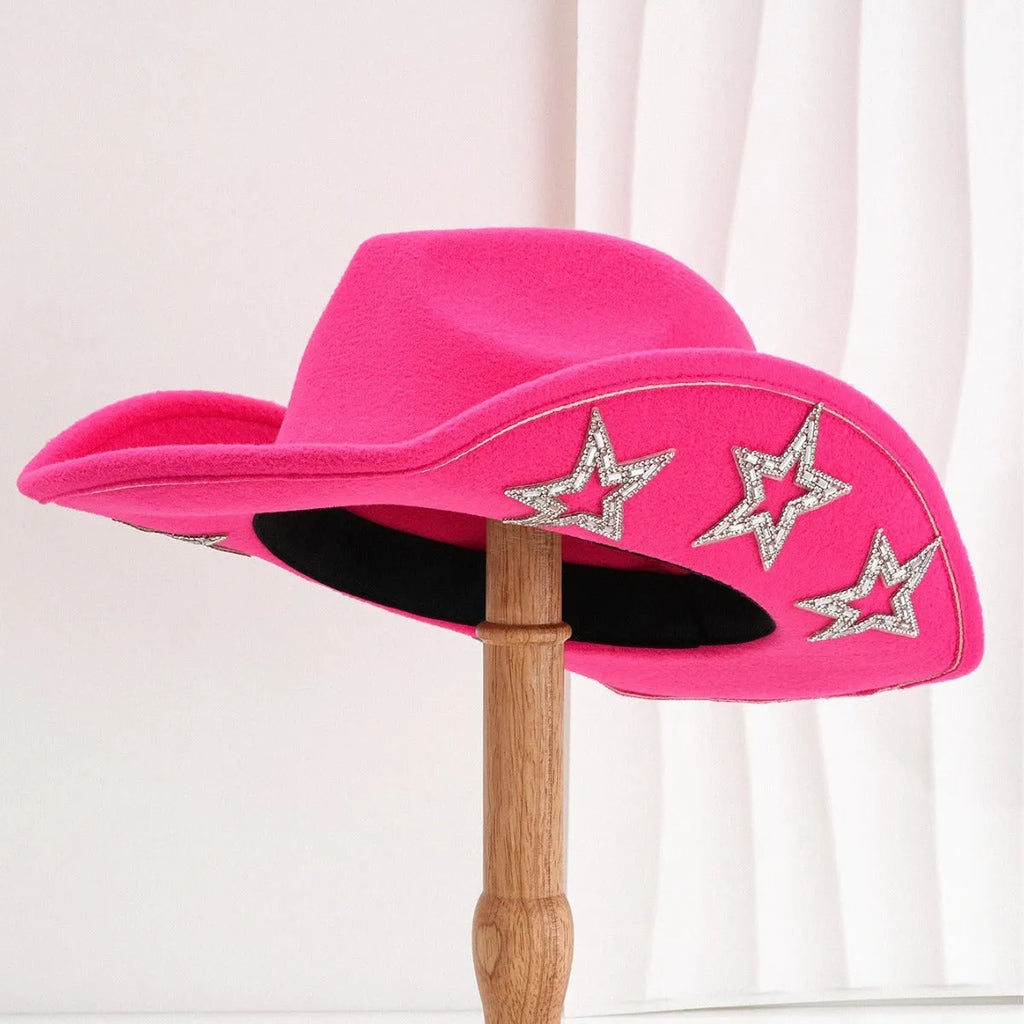 Beige polyester Western denim top hat with a conical crown and a hexagonal star decoration on the front.