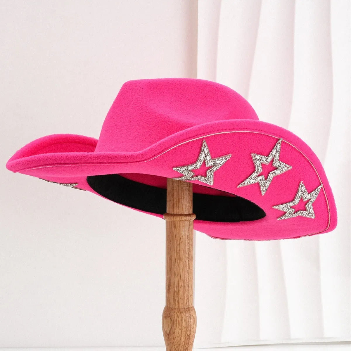 Beige polyester Western denim top hat with a conical crown and a hexagonal star decoration on the front.