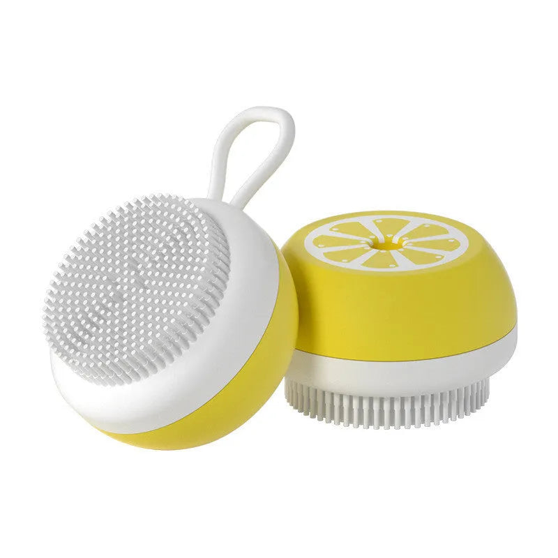 Yellow silicone pet bath brush with massage head for dog and cat grooming during bathing