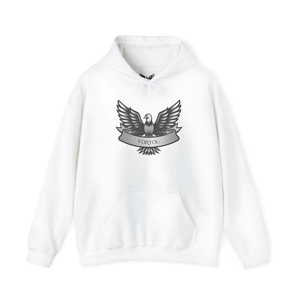 White cotton blend hooded pullover sweatshirt with long sleeves on hanger