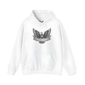 White cotton blend hooded pullover sweatshirt with long sleeves on hanger