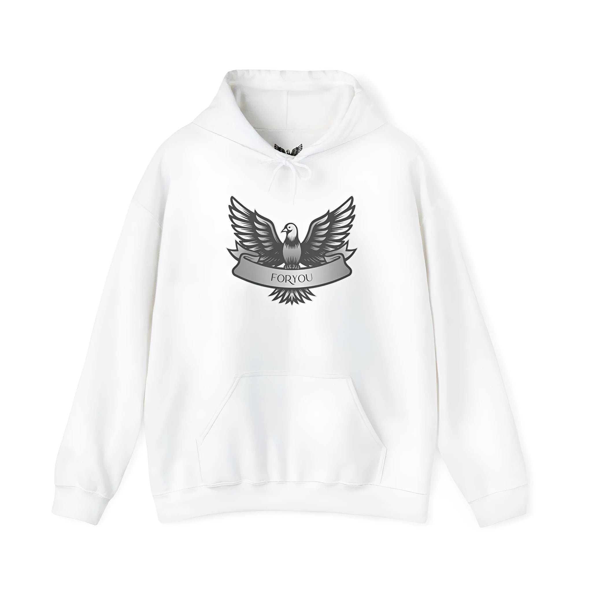 White cotton blend hooded pullover sweatshirt with long sleeves on hanger
