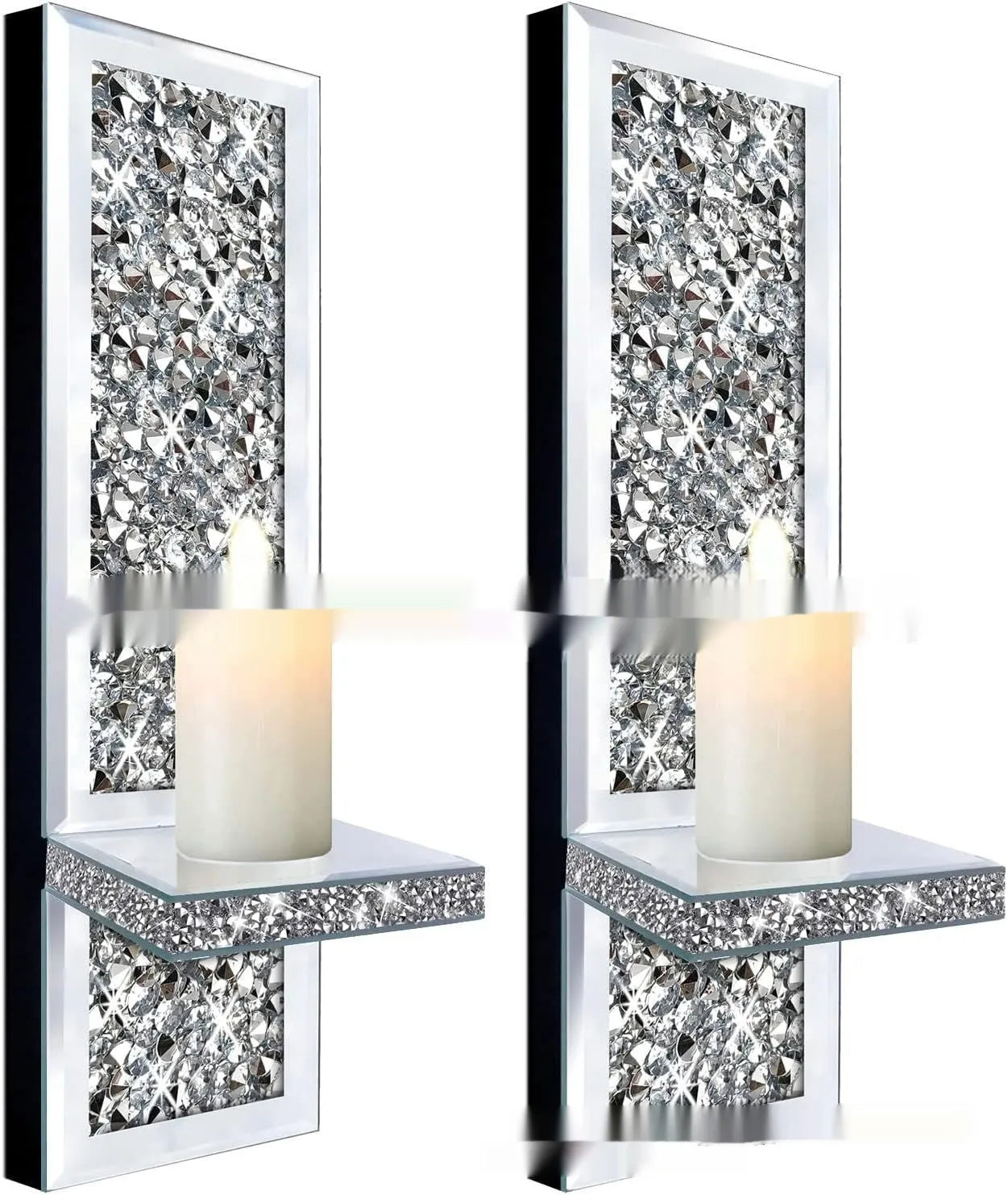 Silver mirror glass candle holder pair for wall hanging, modern crystal design