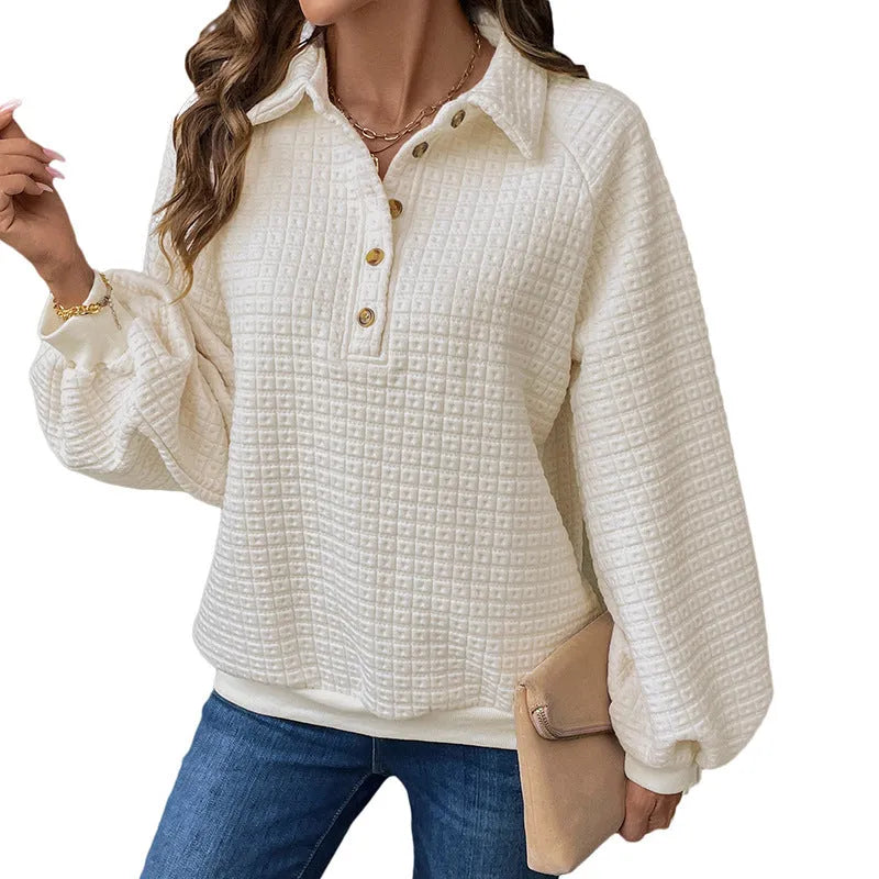 Women's beige texture polo collar solid colour pullover sweater on a hanger.