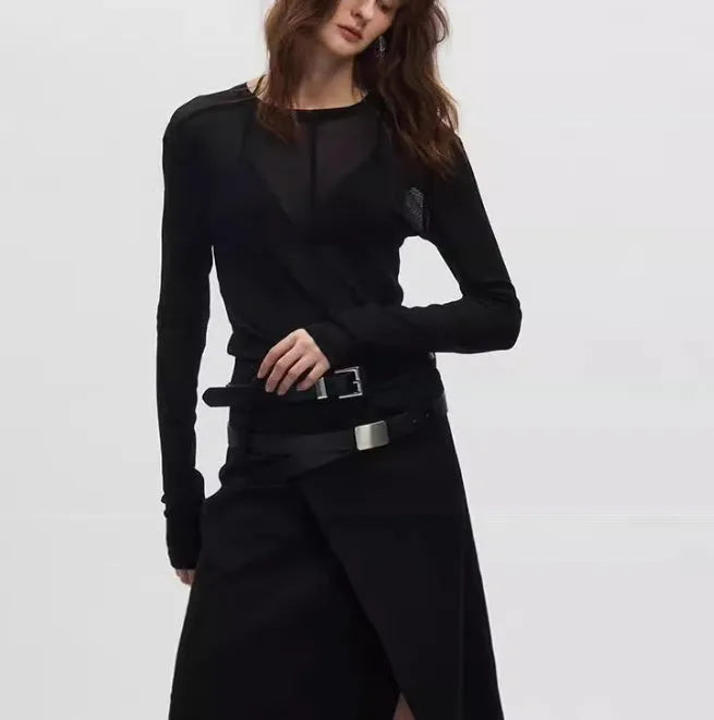 Black mesh texture slim-fit pullover top with long sleeves and round collar