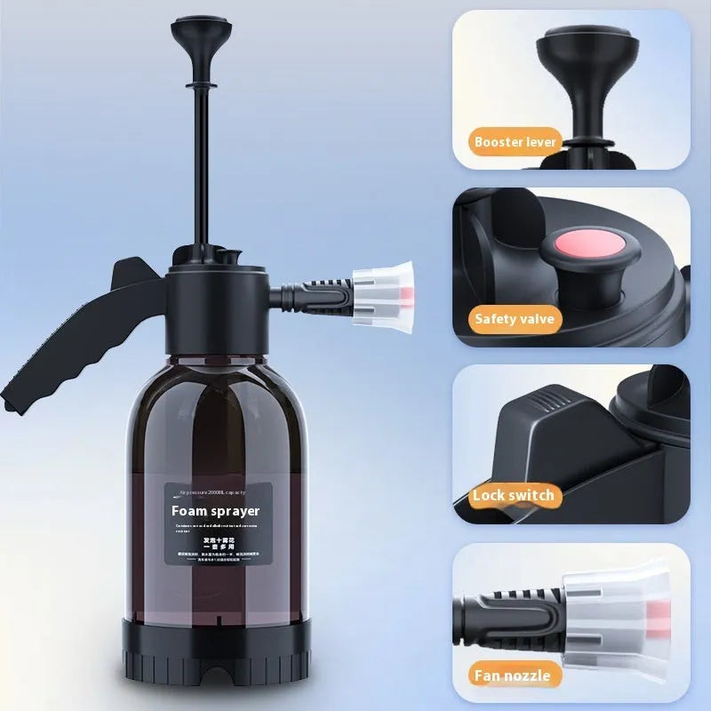 Black hand-held foam sprayer with 2 litre capacity for garden watering and car washing