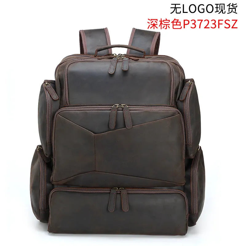 Dark brown genuine cowhide leather backpack with 17-inch laptop compartment and multiple internal organisers