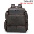 Dark brown genuine cowhide leather backpack with 17-inch laptop compartment and multiple internal organisers