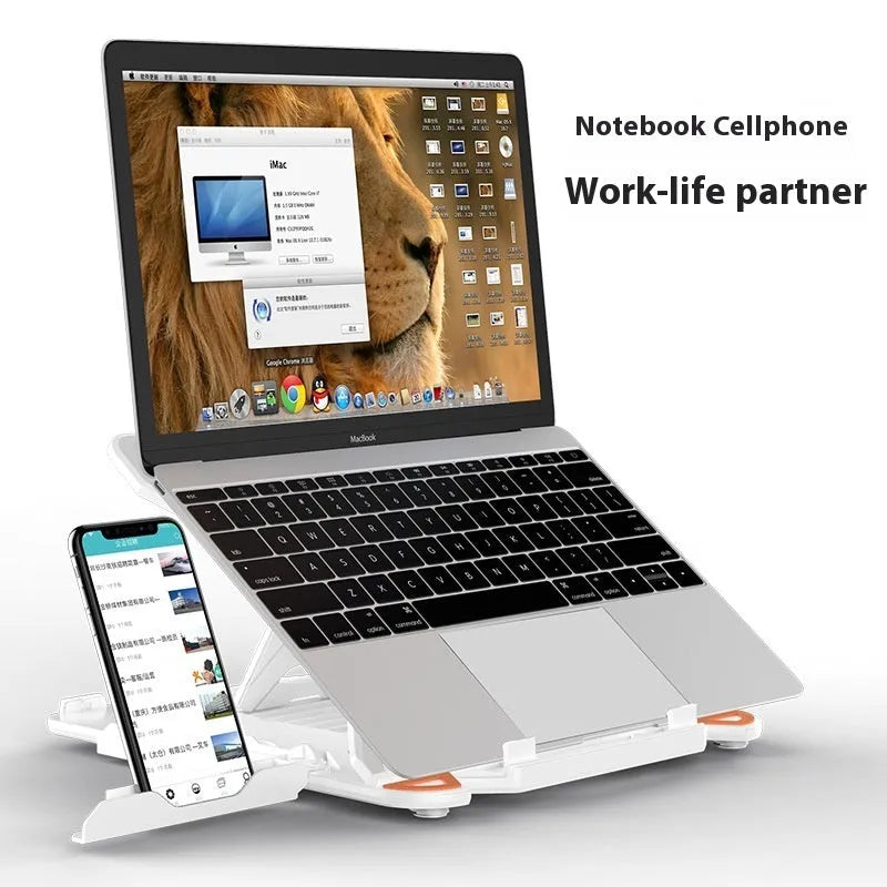 Black ABS plastic laptop bracket with phone holder on a wooden desk.