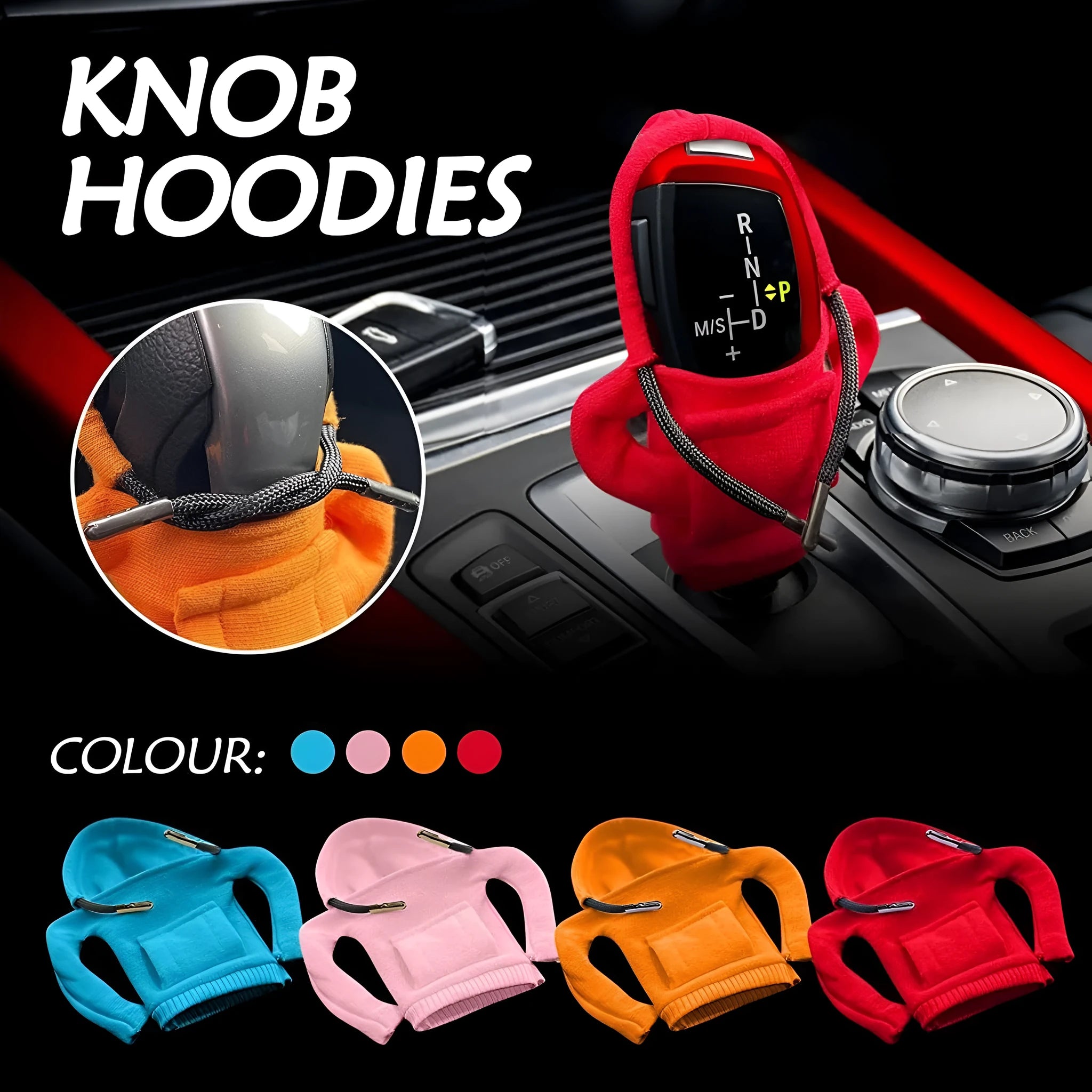 Cloth car gear shift knob cover in multiple colours, shown with 13cm by 8cm dimensions.