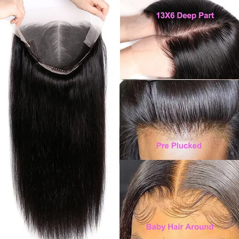 Straight black human hair wig with 13x6 lace front showing natural hairline
