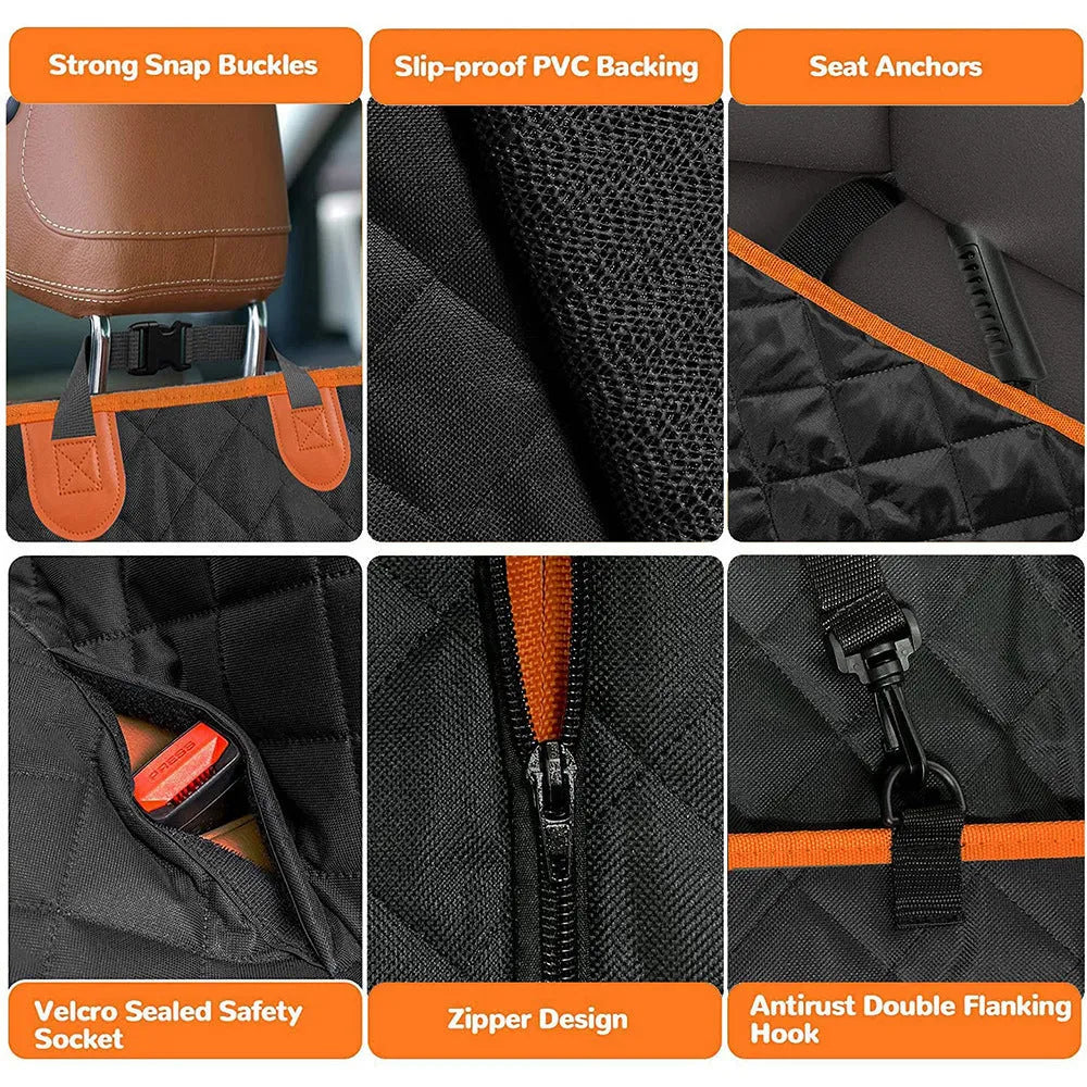 Black and orange waterproof pet car seat cover with mesh window and accessory pocket