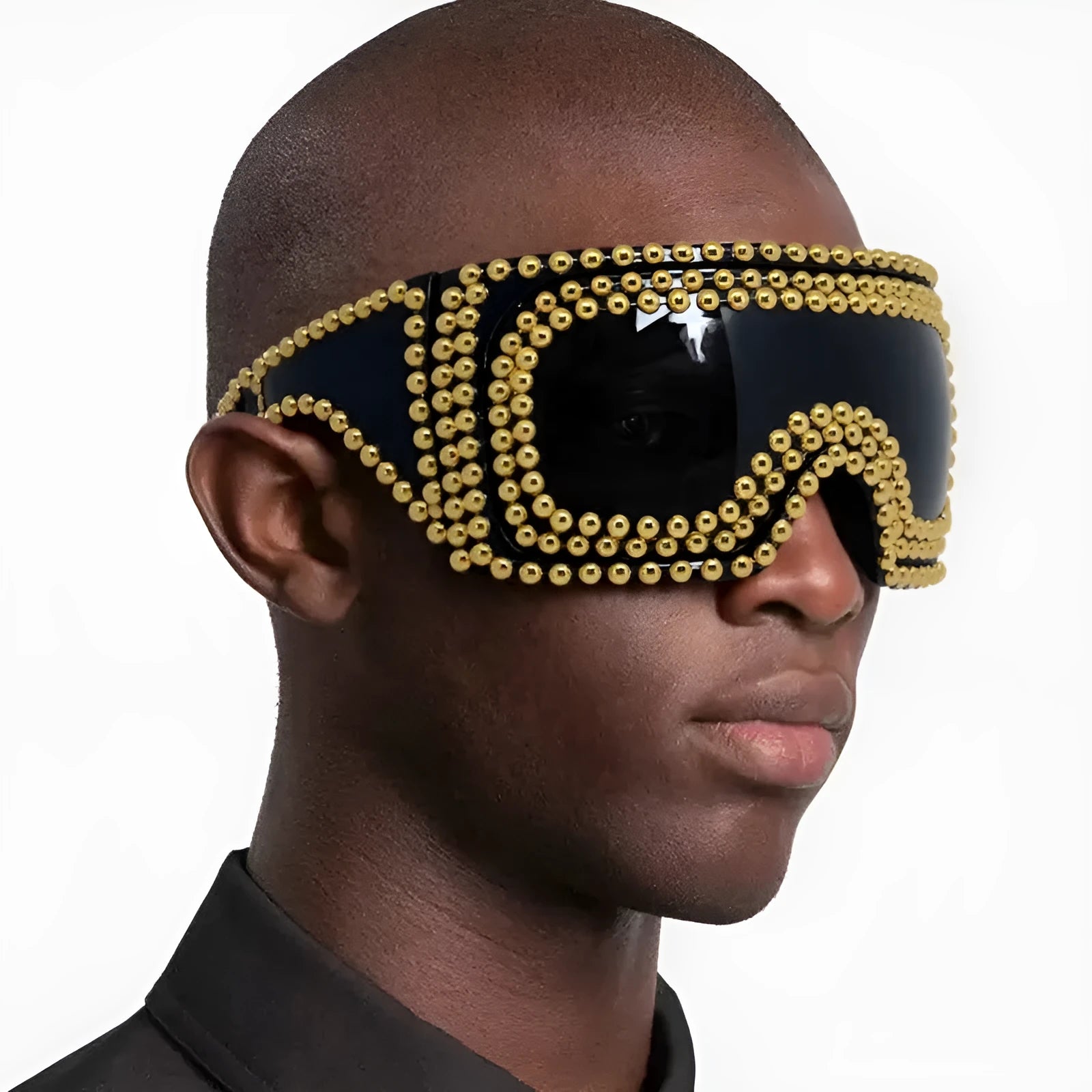 Men's punk sunglasses with large square rim and rivet detailing in silver colour