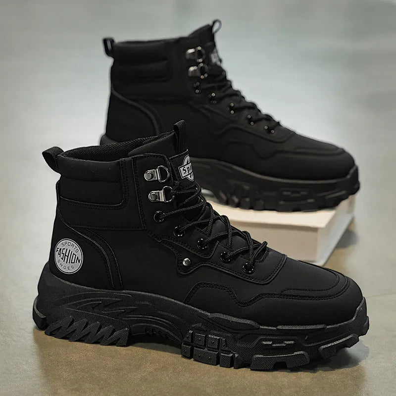 Men's black and yellow high-top Martin boots with an artificial PU upper and injection-moulded sole.