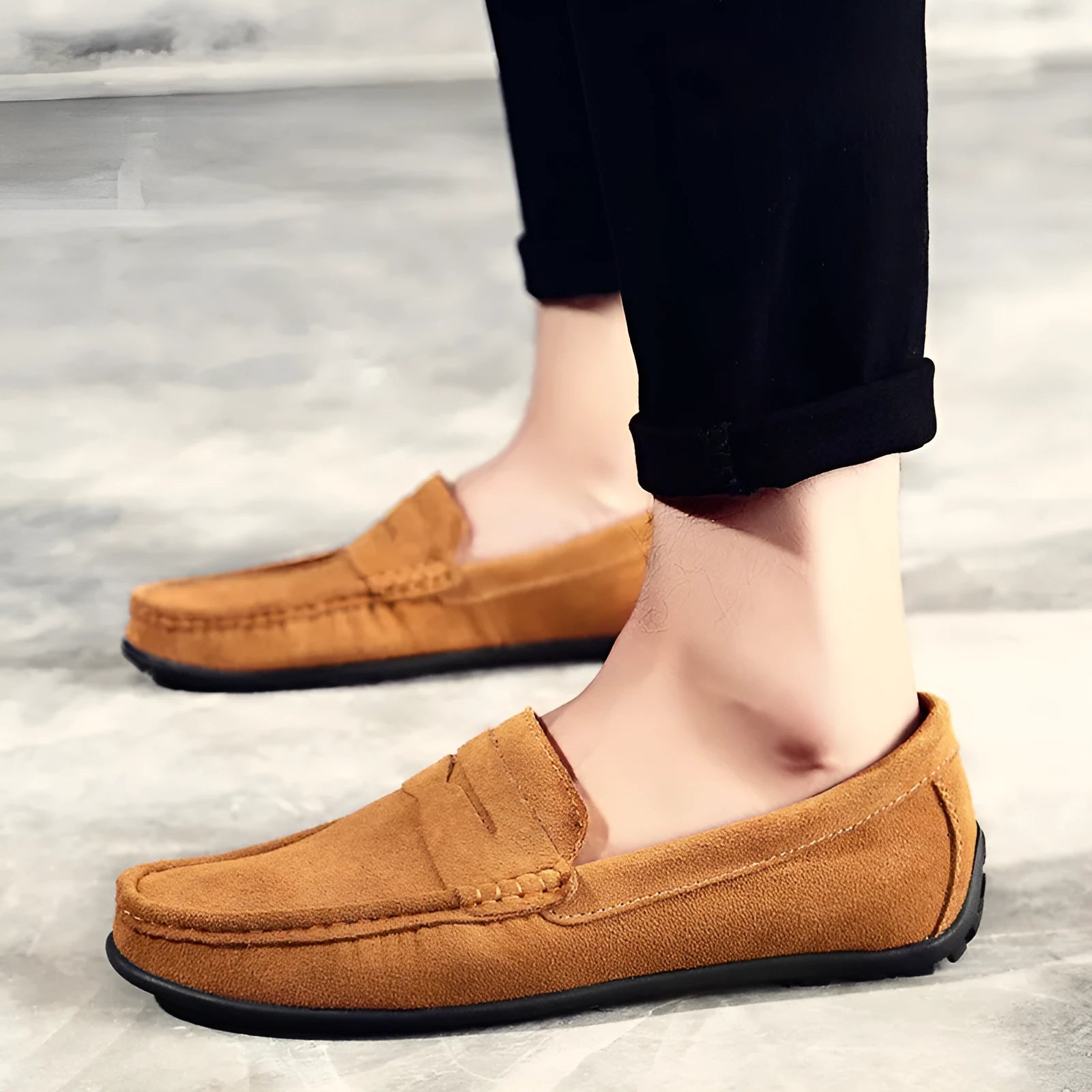 Men's suede Gommino-style loafers in a range of colours on a flat rubber sole.