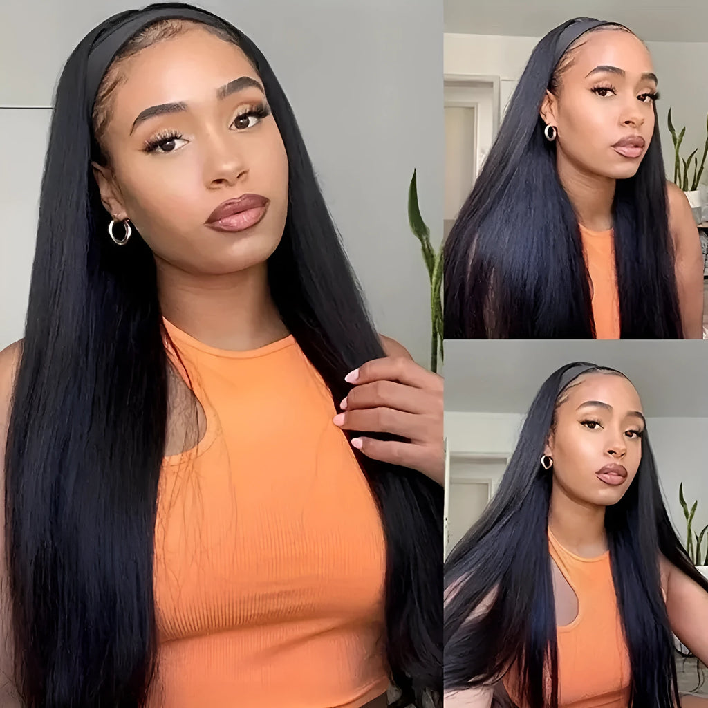 Headband wig with long straight black hair on display stand