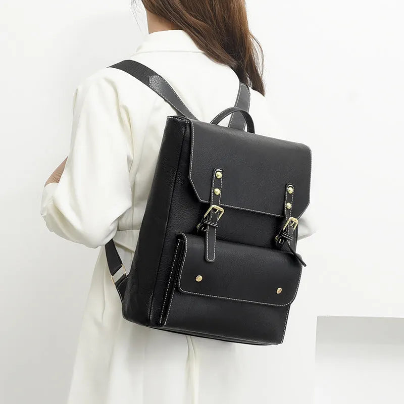 Korean style retro simple backpack in soft PU material showing ventilation features and available colour options