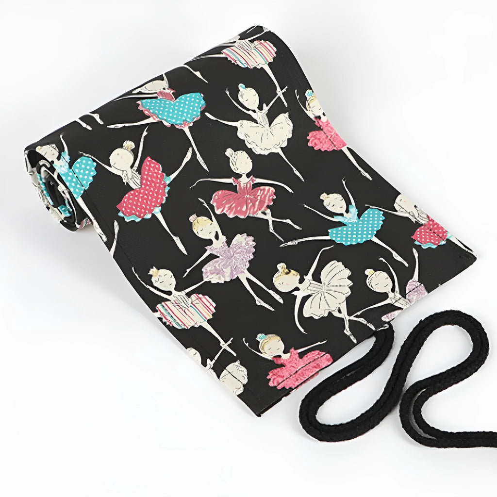 Ballet girl printed canvas roll-up pencil case unrolled to show multiple coloured pencils in slots