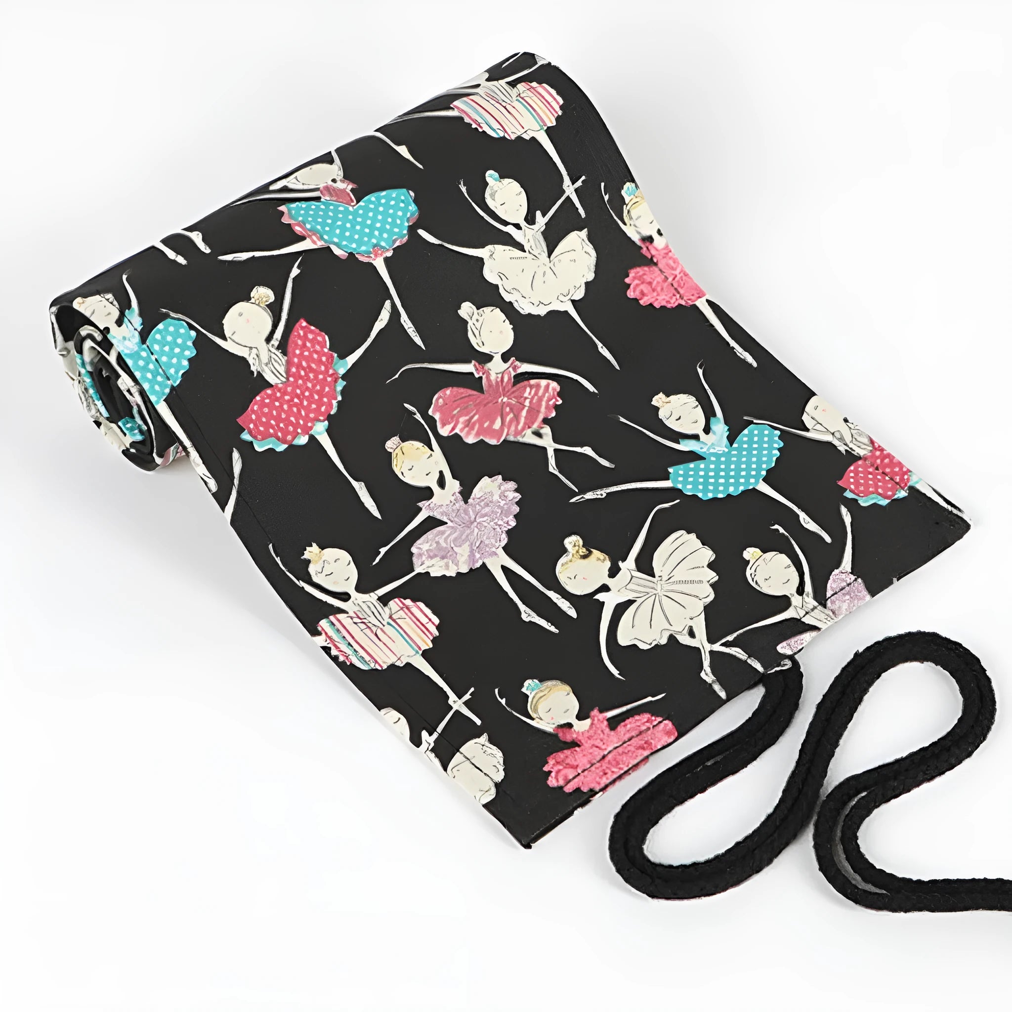 Ballet girl printed canvas roll-up pencil case unrolled to show multiple coloured pencils in slots