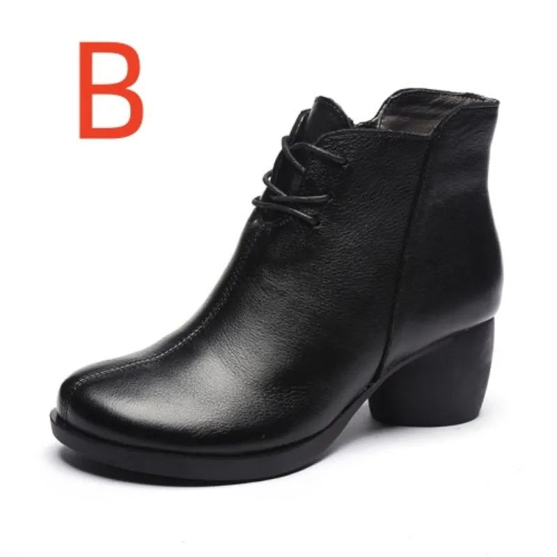 Women's black leather Martin boots with thick mid-heel and round toe design