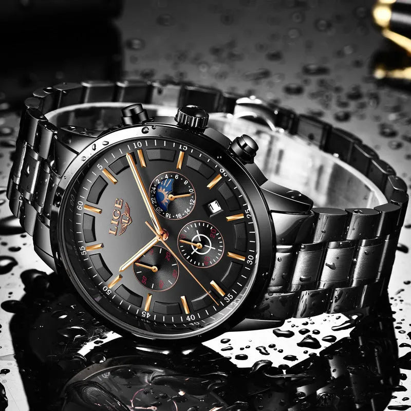 Men's waterproof quartz sports watch showing 12mm thickness and available colour combinations