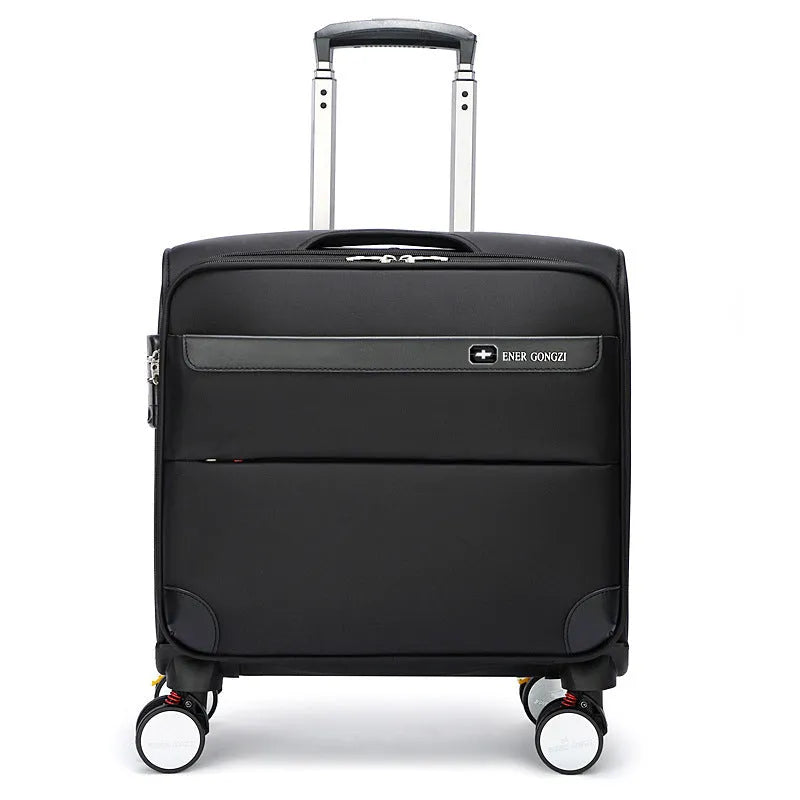 Black 18-inch Oxford cloth business suitcase with pull handle and universal wheels.