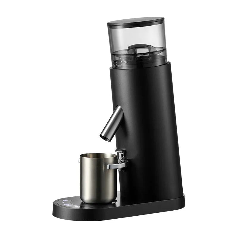 Portable electric coffee grinder with stainless steel body in retro or minimalist style
