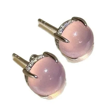 Chinese style chalcedony stud earrings with round egg surface stones in copper four-claw settings