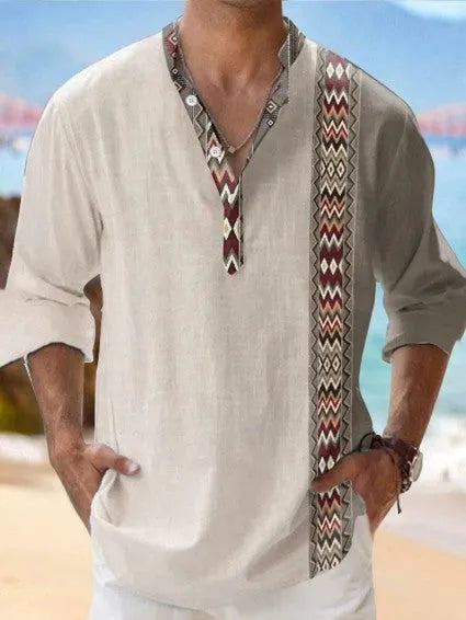 Thin casual digital bamboo linen Hawaiian long sleeve shirt with striped pattern in cardigan style