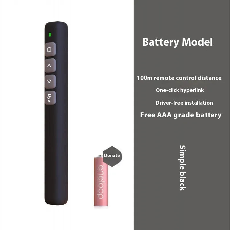 Black, white, and pink wireless presentation remote control pens with a USB receiver on a wooden desk.