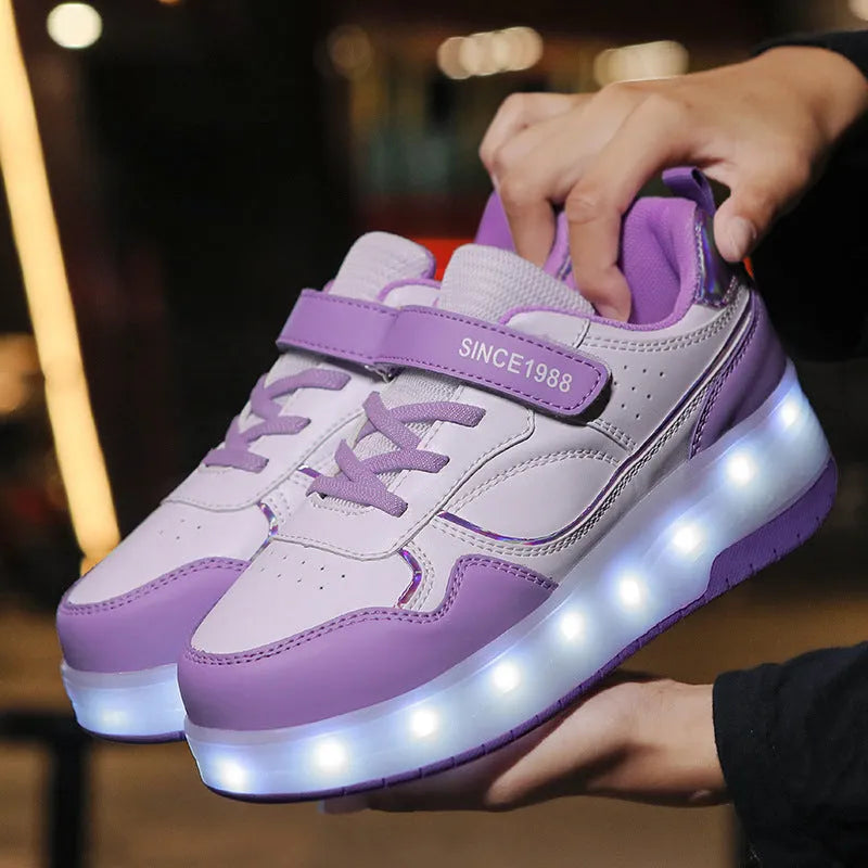 Children's rechargeable roller skates with flashing LED light-up wheels in pink, white, black, and purple colours.