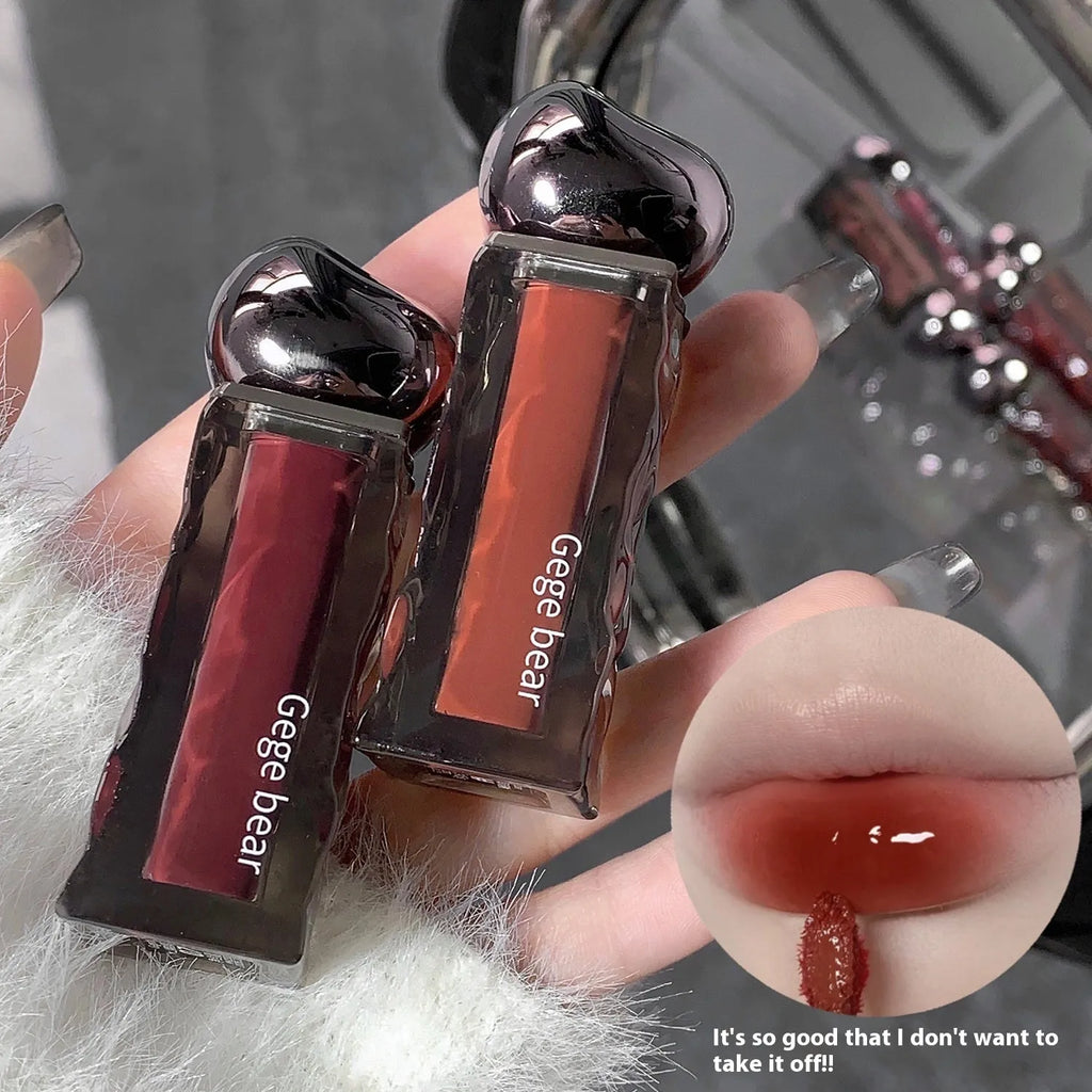 Glacier Lava Lip Lacquer in water-light mirror finish showing seven numbered colour options