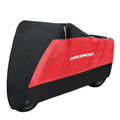 Black polyester motorcycle cover on electric vehicle showing rain protection and heat insulation features