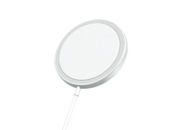 Silver metal Magsafe magnetic wireless charger for iPhone showing magnetic ring.