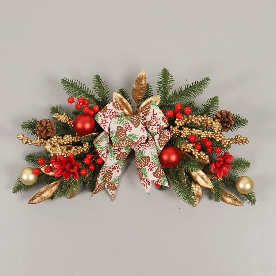 Plastic American country style Christmas garland with upside down ornaments, shown in stair wall hanging style.