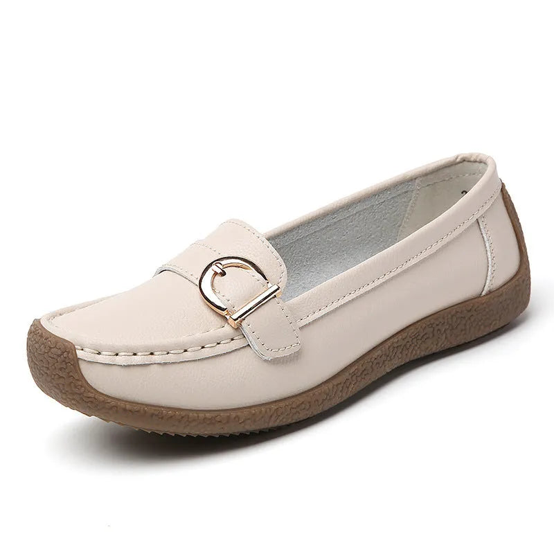 Women's casual loafers in artificial PU with beef tendon sole, round toe, and flat heel in five colour options