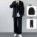 Men's plus size college style suit jacket and trouser set with white shirt and tie in loose fit design