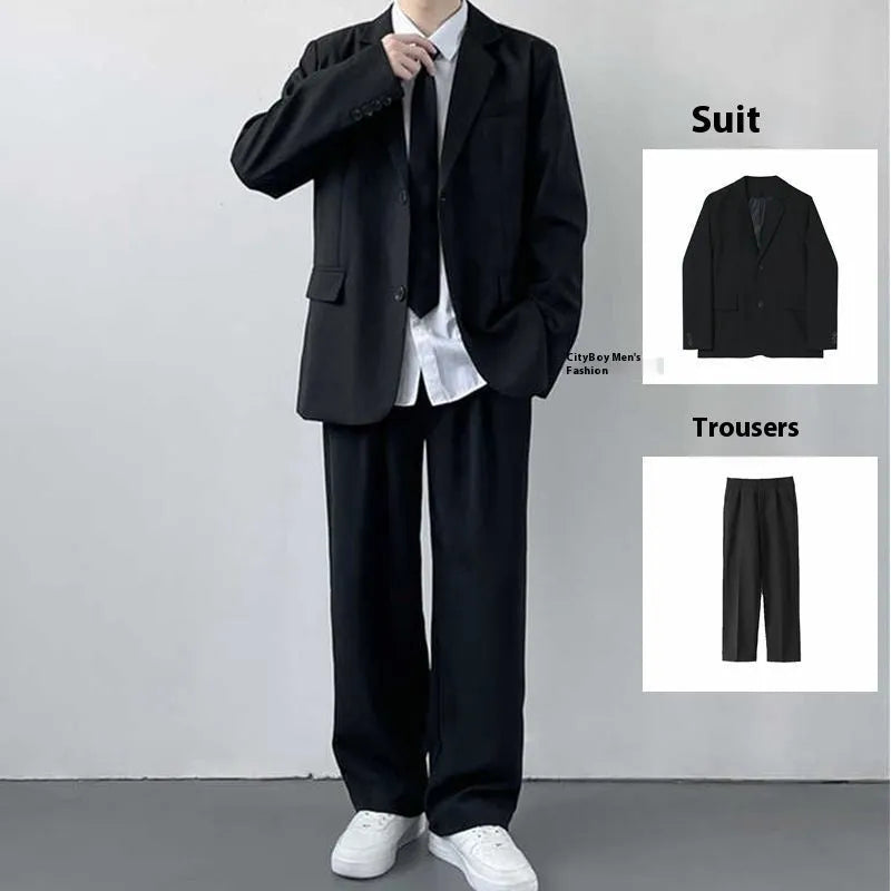 Men's plus size college style suit jacket and trouser set with white shirt and tie in loose fit design