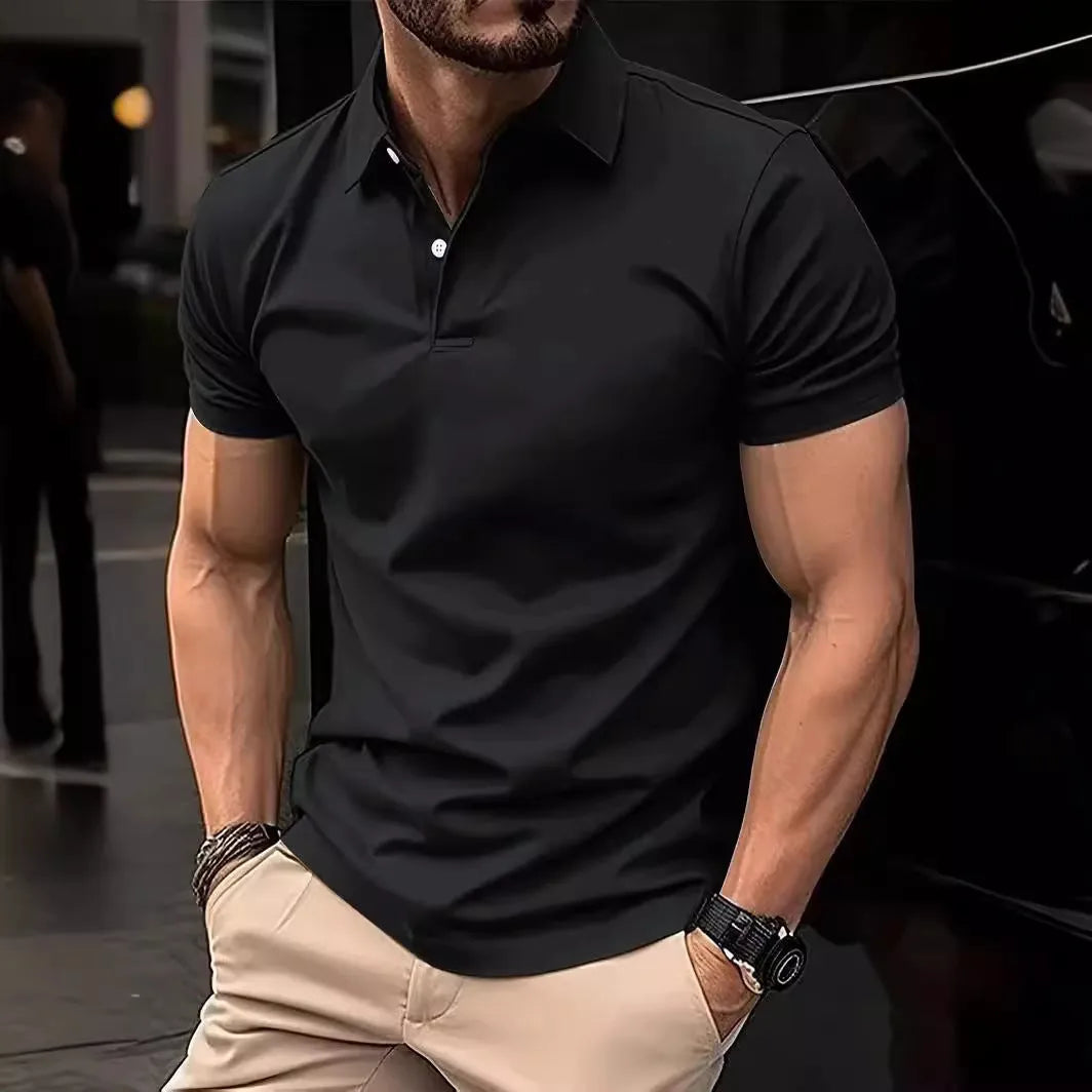 Men's slim fit solid colour short sleeve casual shirt with button front in cotton polyester fabric