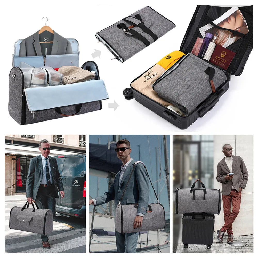Folding duffel luggage bag in Oxford cloth with 36-55L capacity shown in dark blue colour