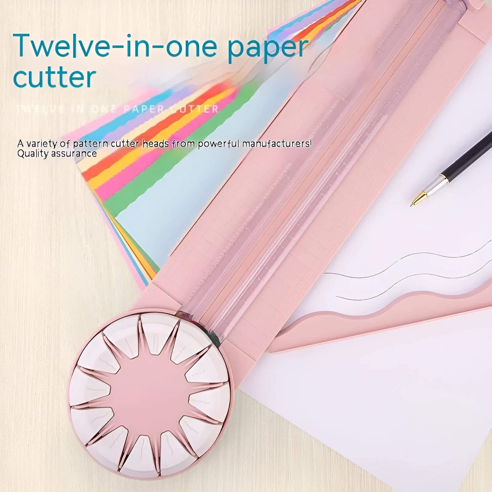 Pink plastic 12-in-1 multifunctional paper cutter with dotted guide lines on a white surface.