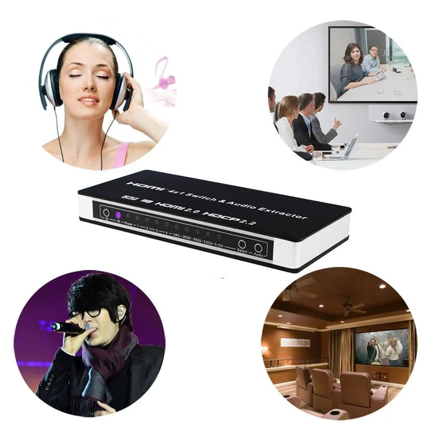Black 4 input 1 output HDMI audio video switch with remote control on a table